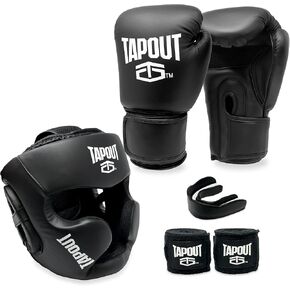 TAPOUT Boxing Set - 10 oz Gloves, Headgear, Two Handwraps, One Mouth Guard, Mesh Bag - Complete Training Gear for Boxers