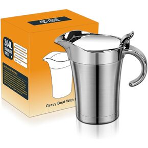 Yelocota Gravy Boat – 26Oz Stainless Steel Gravy Boat with Hinged Lid – Double Wall Insulated Gravy Boat for Milk and Cream – Multipurpose Milk Jug Dispenser for Sauce, Syrup, Creamer