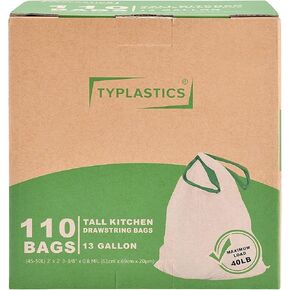 TYPLASTICS FleTex Tall Kitchen 13 Gallon Drawstring Trash Bags, 24in x 27in, Unscented, White, Wholesale 300 Count