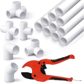 10 Pcs 1 Inch PVC Pipe with 42 Pcs PVC Pipe Fittings Elbow Set and 1 PVC Pipe Cutter White DIY PVC Projects Connection Tee for Home, Greenhouse, Farm, Workshop, Garden, 40 Inch