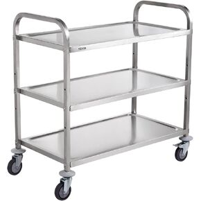 VEVOR Kitchen Utility Cart, 3 Tiers, Wire Rolling Cart w/ 450LBS Capacity, Steel Service Cart on Wheels, Metal Storage Trolley w/ 80mm Basket Curved Handle PP Liner 6 Hooks, for Indoor and Outdoor Use