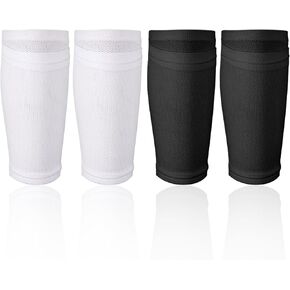 2 Pairs Soccer Shin Guard Sleeves, Breathable Soft Shin Pads Sock Covers Flexible Shin Guard Holders for Adults Teenagers Kids Sport Beginners (Black, White)