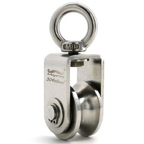 heyous M8 U Type Single Wheel Pulley Block with Dual Mute Bearings 304 Stainless Steel 360 Degree Swivel Ring Lifting Traction Wheel, Silver Tone