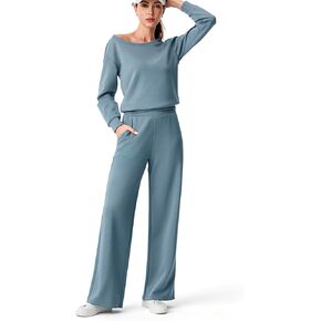 AFITNE Women 2 Piece Outfits Sets Off-Shoulder Long Sleeve Wide Leg Tracksuits with Pockets