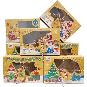 16PCS Christmas Cookie Boxes for Gift Giving, Cookie Box Pack Kraft, Christmas Kraft Paper Boxes with Christmas Tags & Ribbons for Pastries, Cupcakes, Cookies, Brownies, Donuts Gift-Giving