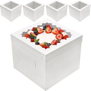 8pcs Cake Boxes 12 Inch, 12x12x10in Tall Cake Boxes for Tier Cakes with Window,Disposable Cake Containers with Lids,Layer Cake boxes,Sturdy Tall Cake Carrier,White Large Bakery boxes