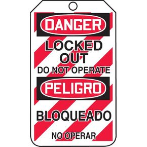 Accuform TMS238PTM RP-Plastic Bilingual Spanish Safety Tag, Legend "Danger Locked Out DO NOT", 5.75" Length x 3.25" Width x 0.015" Thickness, Red/Black on White (Pack of 5)
