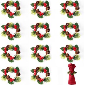 12pcs Christmas Napkin Rings, 2.36 Inch Pine Cone Berry Napkin Ring Serviette Holders Rustic Christmas Napkin Buckle for Christmas Holiday Wedding Thanksgiving New Year Dinner Table Decoration