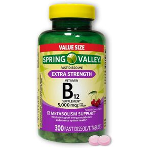 Spring Valley B12 Vitamins 5000 mcg- Methylcobalamin Extra Strength Fast Dissolve Tablets Cherry Flavor 300 ct (1 Pack), Boxed by Fusion Shop Store
