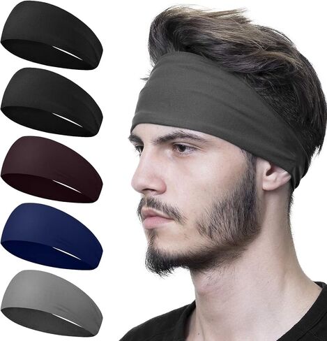 5 Pcs Sports Headbands for Men Running Headband Moisture Wicking Workout Headband for Running Cycling Basketball Yoga Fitness Elastic Unisex Hair Band in Saudi Arabia