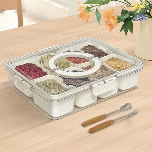 Snackle Box Container Divided Serving Tray with Lid and Handle, 8-Compartment Snack Box for Fruit, Veggies, Portable Snack Container for Home, Party & Campingsnack containers in Saudi Arabia