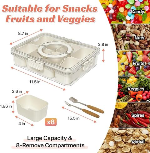 Snackle Box Container Divided Serving Tray with Lid and Handle, 8-Compartment Snack Box for Fruit, Veggies, Portable Snack Container for Home, Party & Campingsnack containers in Saudi Arabia
