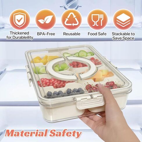 Snackle Box Container Divided Serving Tray with Lid and Handle, 8-Compartment Snack Box for Fruit, Veggies, Portable Snack Container for Home, Party & Campingsnack containers in Saudi Arabia