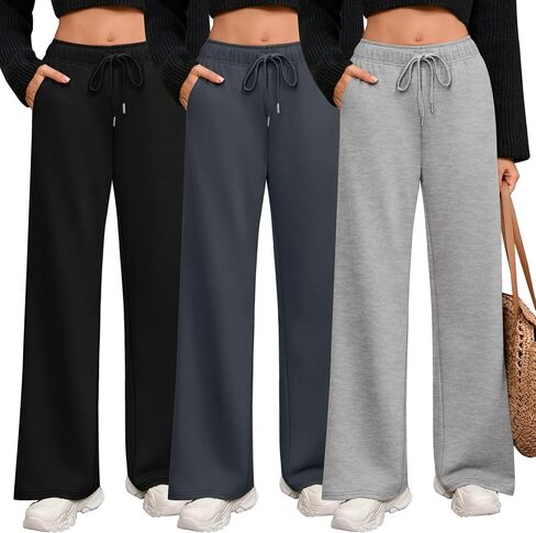 Riyiper 3 Pack Women Wide Leg Sweatpants Drawstring Straight Pants Elastic Waist Joggers Open Bottom Sweatpants with Pockets in Saudi Arabia