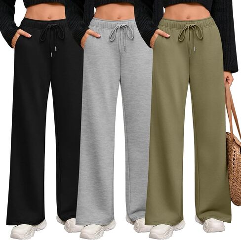 Riyiper 3 Pack Women Wide Leg Sweatpants Drawstring Straight Pants Elastic Waist Joggers Open Bottom Sweatpants with Pockets in Saudi Arabia