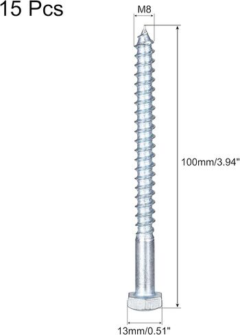 براغي سداسية متخلفة من uxcell، M8 × 100 مم من الفولاذ الكربوني المطلي بالزنك بنصف خيط براغي ذاتية التنصت لبرغي الخشب 15 قطعة in Saudi Arabia
