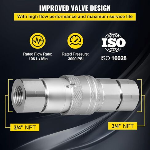 Bestauto 3/4NPT Hydraulic Quick Connect 3/4body Hydraulic Coupler 20.7MPa Hydraulic Coupling Quick Connect 106L/min Hydraulic Quick Coupler (ISO 16028) in Kuwait