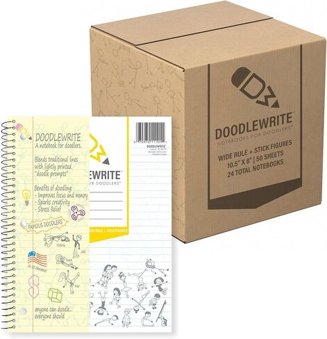 Wide Ruled Wirebound Spiral Notebook, Includes Doodle Prompts to Keep Focus, Spark Creativity/Imagination, Relieve Stress, 10.5" x 8", 50 Sheets/100 Pages, White (11101) (Pack of 1) in Saudi Arabia