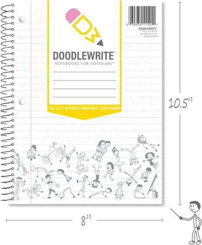 Wide Ruled Wirebound Spiral Notebook, Includes Doodle Prompts to Keep Focus, Spark Creativity/Imagination, Relieve Stress, 10.5" x 8", 50 Sheets/100 Pages, White (11101) (Pack of 1) in Saudi Arabia