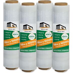 18"" Stretch Film/Wrap 1000 feet 80 Gauge Industrial Strength up to 800% Stretch 20 Microns Clear Durable Adhering Packing Moving Heavy Duty Shrink Film Box of 4