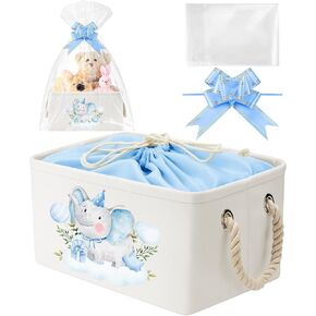 Rectangular Baby Storage Basket with Gift Bags Ribbons Collapsible Large Canvas Storage Bin with Handles for Organizing Toy Home DIY Gift Basket for Baby Shower Birthday Party(Jungle Theme)