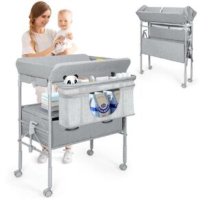 Baby Changing Table, Portable Folding Changing Table with 2 Storage Baskets, Waterproof Diaper Changing Station, Adjustable Height Diaper Station, Mobile Nursery for Infant and Newborn