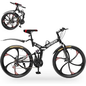 Outroad Folding Mountain Bike Foldable/Unfoldable Bike 26 Inch for Adult, 21-Speed Dual Suspension High-Carbon Steel MTB Foldable Bicycle, Dual Disc Brake Folding Bikes for Men Women