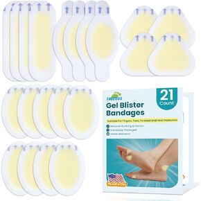 Gel Blister Bandages Hydrocolloid Bandages - (21ct) Waterproof Blister Bandages for Feet, Heel, Toe, Blister Pads for Prevention & Recovery (Variety Pack, Ultra-Thin)