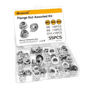 Flange Nut Assortment Kit - 55pcs, M6, M8, M10 Sizes, Durable 304 Stainless Steel, Precision Hex Serrated Locknuts for Secure Fastening
