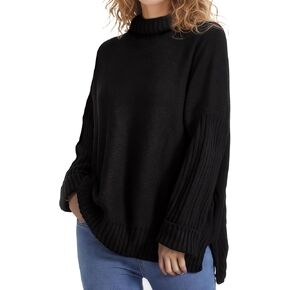 Women's Turtleneck Oversized Sweaters Batwing Sleeve Spilt Casual Loose Knit Tunic Pullover Sweater Tops