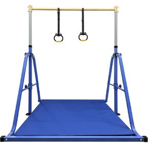 Foldable Gymnastics Kip Bar with Mat and Ring Set,3' to 5' Height Adjustable,Kids Gymnastic Equipment for Ages 3-15,Indoor and Home Training- Max Load 260LBS