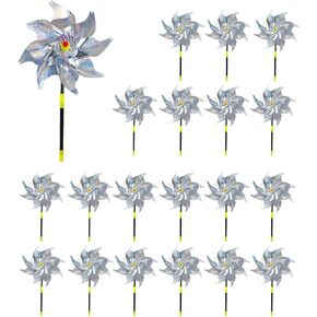 Reflective Pinwheels with Stakes, Extra Sparkly Pinwheel for Garden Decor, Bird Devices Deterrent to Scare Birds Away from Yard Patio Farm (Silver Floral 20pcs)