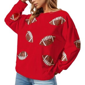 Xunger Women’s Football Print Sequin Sweatshirt Crewneck Oversized Long Sleeve Pullover Tops Gameday Sweatshirts