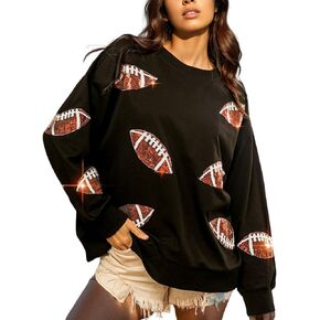 Xunger Women’s Football Print Sequin Sweatshirt Crewneck Oversized Long Sleeve Pullover Tops Gameday Sweatshirts