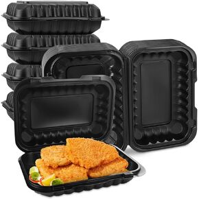 50 Pack 27 OZ Clamshell Food Containers, 9 x 6 Inch Plastic To Go Containers with Lids, BPA Free Reusable Plastic Take Out Boxes, Disposable To Go Boxes for Food Storage, Black