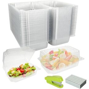 100Pcs Clamshell Take Out Containers Clear Hinged, Disposable Plastic Food Containers with Lids Clear Clamshell Food Containers Plastic To Go Containers for Salads, Sandwich, Dessert (9.2"x6.2"x3.7")