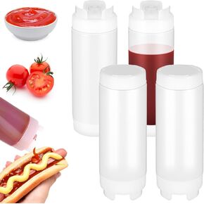 4 Pcs Squeeze Bottles Refillable 20 oz, Inverted Plastic Tip Large Valve Dispenser Condiment Squeeze Bottle for Sauces Ketchup Sour Cream Self Sealing Syrup Dispenser for Restaurants