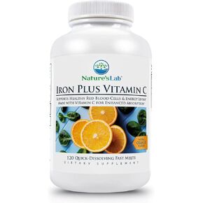 Nature's Lab Iron Plus Vitamin C Fast Melt Tablets - Gentle on the Stomach Carbonyl Iron, High Absorption for Healthy Red Blood Cells* - 120 Tablets