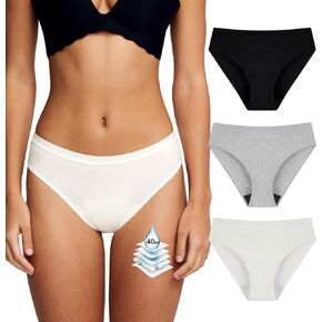 Battewa Leak Proof Underwear for Women Incontinence Underwear Teens Ladies Cotton Leakproof Panties Bikini Absorbent 40ml,3Pack (3Color,Large)