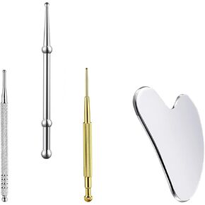 4Pieces Facial Reflexology Massage Tool，Stainless Steel Manual Acupuncture Pen with GuaSha Board， Double Headed Spring Loaded Ear and Body Point Probe Pen