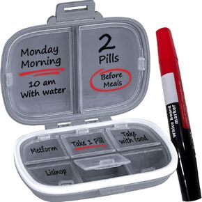 Travel Pill Organizer Box, 8 Compartment Medicine Pill Organizer with Whiteboard Dry Erase Surface for Notes, Foldable, Compact Travel Pill Organizer