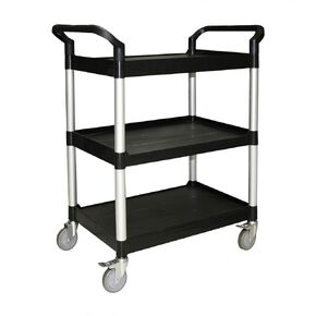 Thunder Group PLBC4019B Bus Cart, 40-1/2" x 19-3/4" x 37-7/8", 176 lb. Load Capacity, 3-Tier Shelving, Open Design, 2 Handles, 4 Swivel casters: 2 with Brakes, Plastic, Black