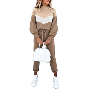 Women 2 Piece Outfits Knit Sweater Set Long Sleeve Pullover Sweatshirt Jogger Pants Sweatsuit