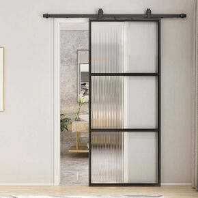 JUBEST Glass Barn Door 36in x 84in, Reeded Glass Carbon Steel Pre-Drilled Frame Sliding Barn Door Panel with 6FT Hardware Kit and Soft Close