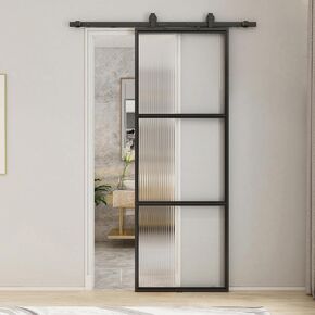 JUBEST Glass Barn Door 36in x 84in, Reeded Glass Carbon Steel Pre-Drilled Frame Sliding Barn Door Panel with 6FT Hardware Kit and Soft Close