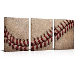 Artsbay 3 Pieces Canvas Print Baseball Wall Art Set Close Up Details of Baseball Stitching Sports Modern Retro Rustic Artwork for Men Kids Teenagers Boys Bedroom Decor Home Baseball Club Decoration