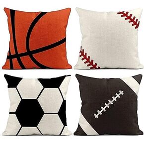 FIGMAN Ball Throw Pillow Cover Set of 4，16 x 16 Inch Ball Stitches Linen Decorative Pillow Cases Soccer Baseball Football Decor Pillowcases (16x16 Inch)