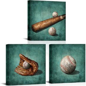 Artsbay Baseball Canvas Print Wall Art Set Of 3 Sports Wall Decor Modern Stretched & Framed Artwork for Men Kids Teenagers Boys Bedroom Decor Home Baseball Club Decoration