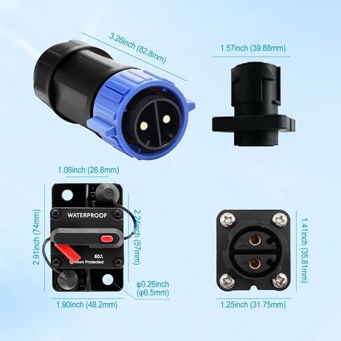 2PCS Trolling Motor Plug Receptacle and Circuit Breaker for Boat Trolling with Manual Reset 12V- 48V DC Waterproof for Down Rigger/Fishing Reel/RV in Kuwait