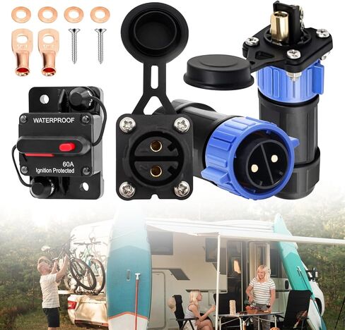 2PCS Trolling Motor Plug Receptacle and Circuit Breaker for Boat Trolling with Manual Reset 12V- 48V DC Waterproof for Down Rigger/Fishing Reel/RV in Kuwait